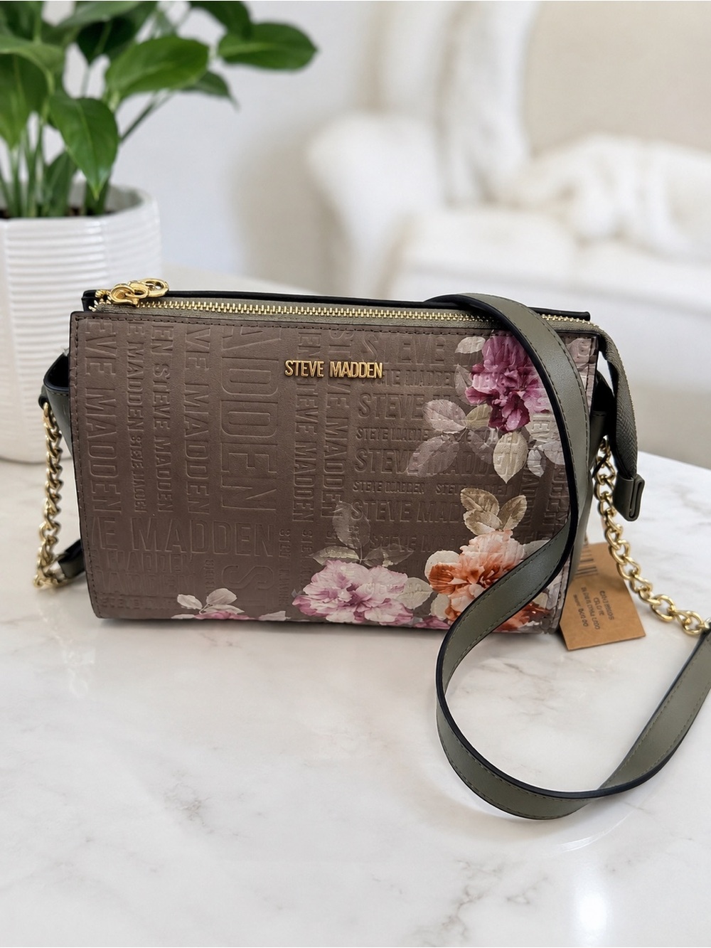 Steve Madden Floral Embossed Crossbody Bag in Taupe with Pink Accents